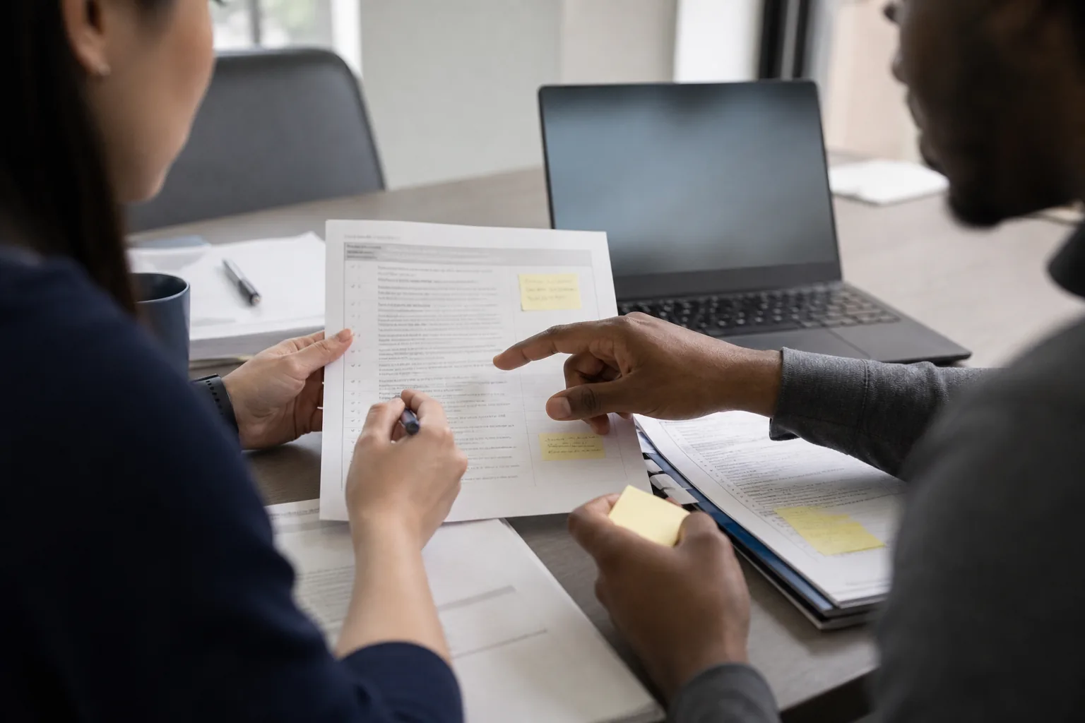 Small contracting team reviewing a shared bid pipeline on a laptop